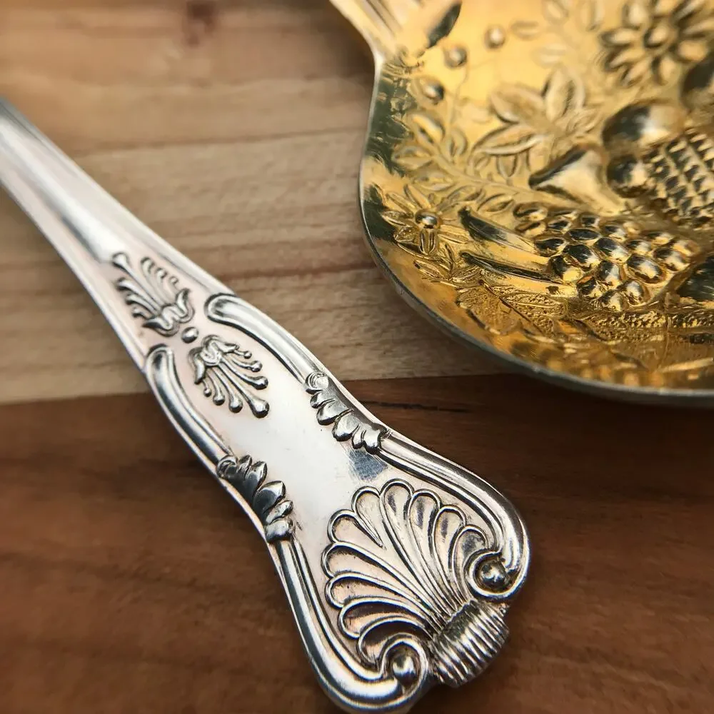 2 W. A. Sheffield KING Silverplate Gold Wash Jelly Spoons - fruit embossed